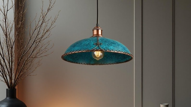Moroccan Turquoise Patina Pendant Light with Copper Trim