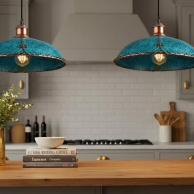Moroccan Turquoise Patina Pendant Light with Copper Trim