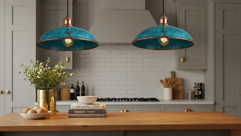 Moroccan Turquoise Patina Pendant Light with Copper Trim