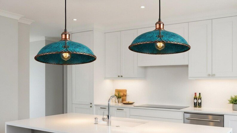 Moroccan Turquoise Patina Pendant Light with Copper Trim