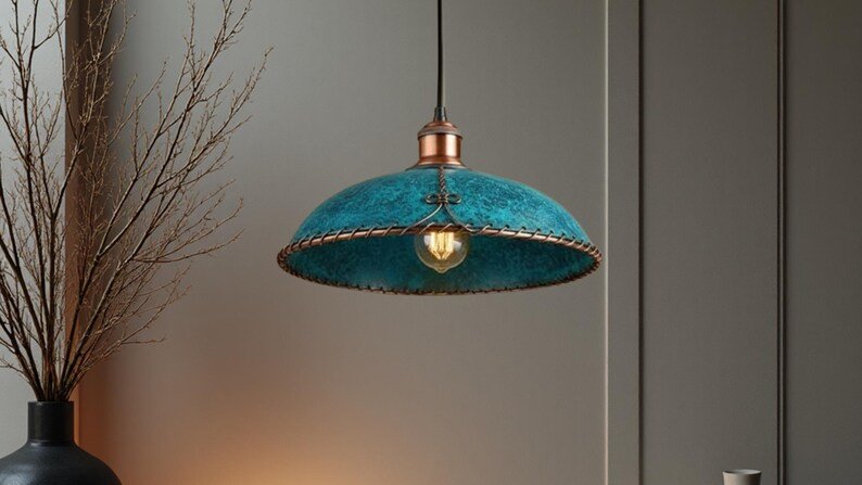 Moroccan Turquoise Patina Pendant Light with Copper Trim