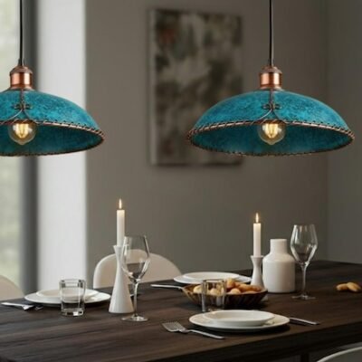 Moroccan Turquoise Patina Pendant Light with Copper Trim