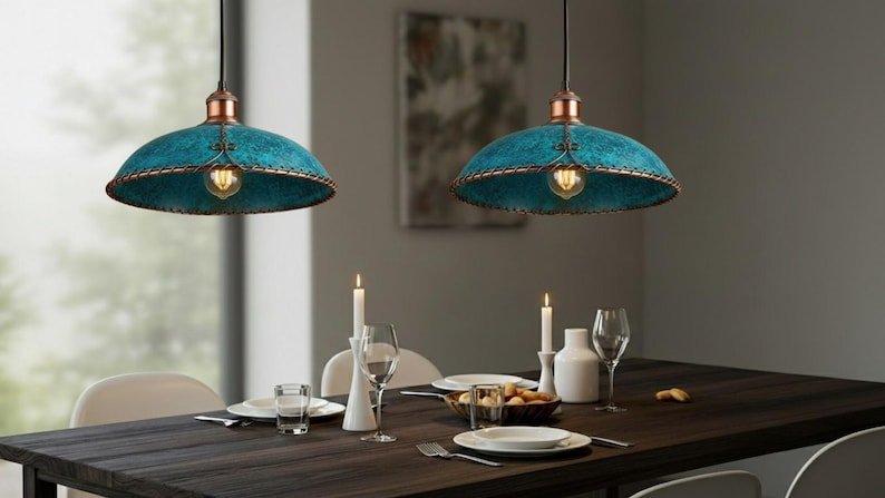 Moroccan Turquoise Patina Pendant Light with Copper Trim