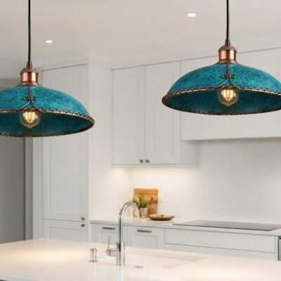 Moroccan Turquoise Patina Pendant Light with Copper Trim