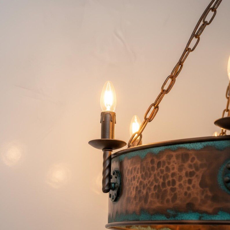 Aged Verdigris Copper Halo Chandelier