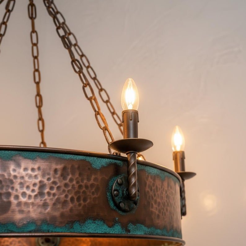 Aged Verdigris Copper Halo Chandelier