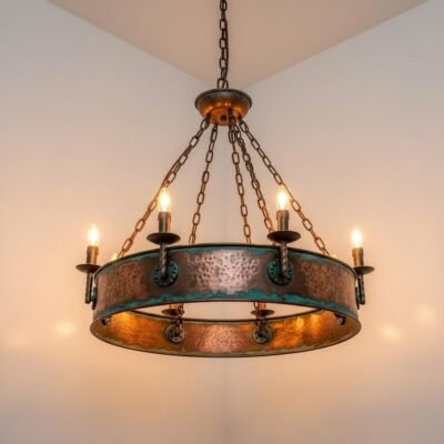 Aged Verdigris Copper Halo Chandelier