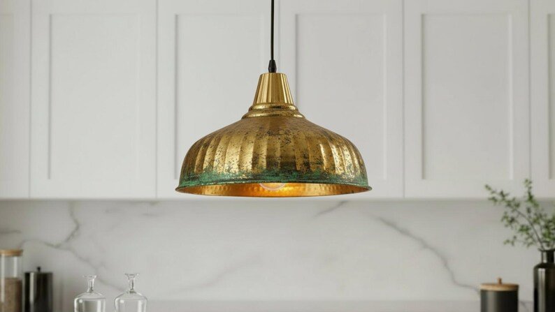 brass14 (1) Brass & Verdigris Ribbed Dome Pendant Light