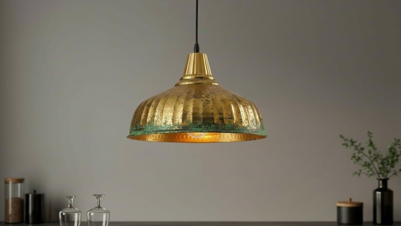 brass14 (4) Brass & Verdigris Ribbed Dome Pendant Light