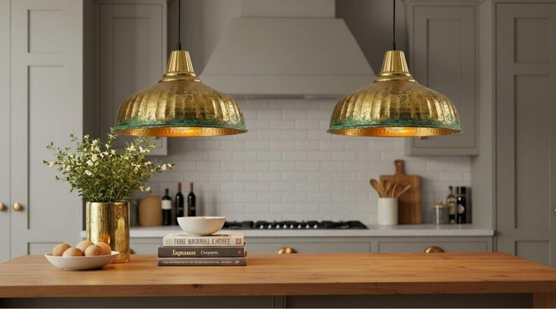 brass14 (5) Brass & Verdigris Ribbed Dome Pendant Light