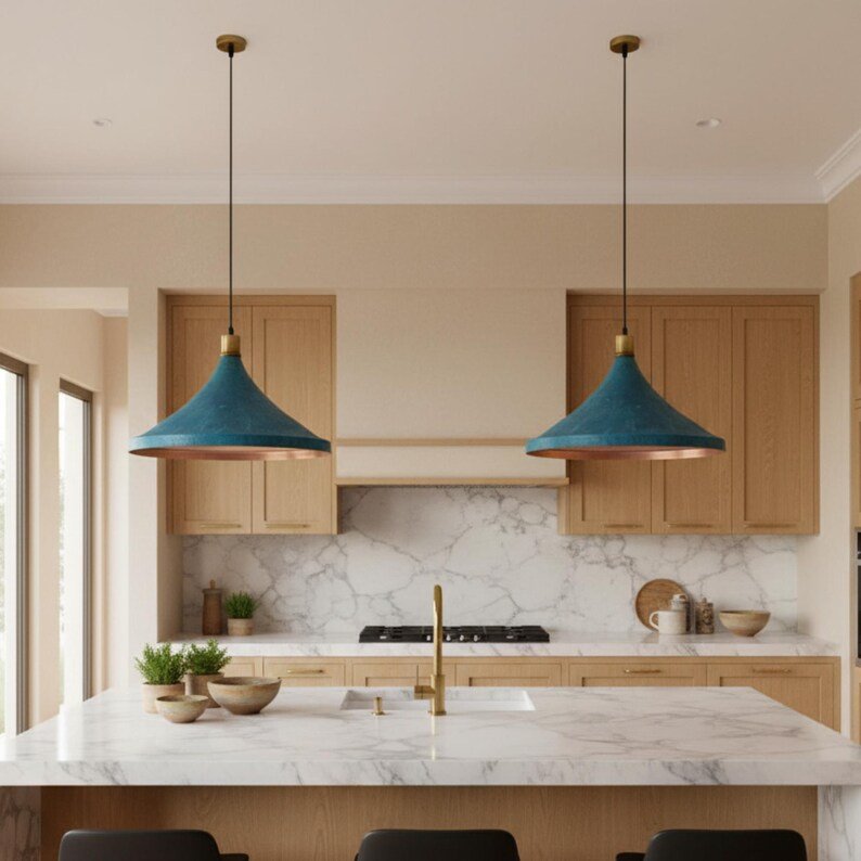 Turquoise & Brass Cone Pendant Light